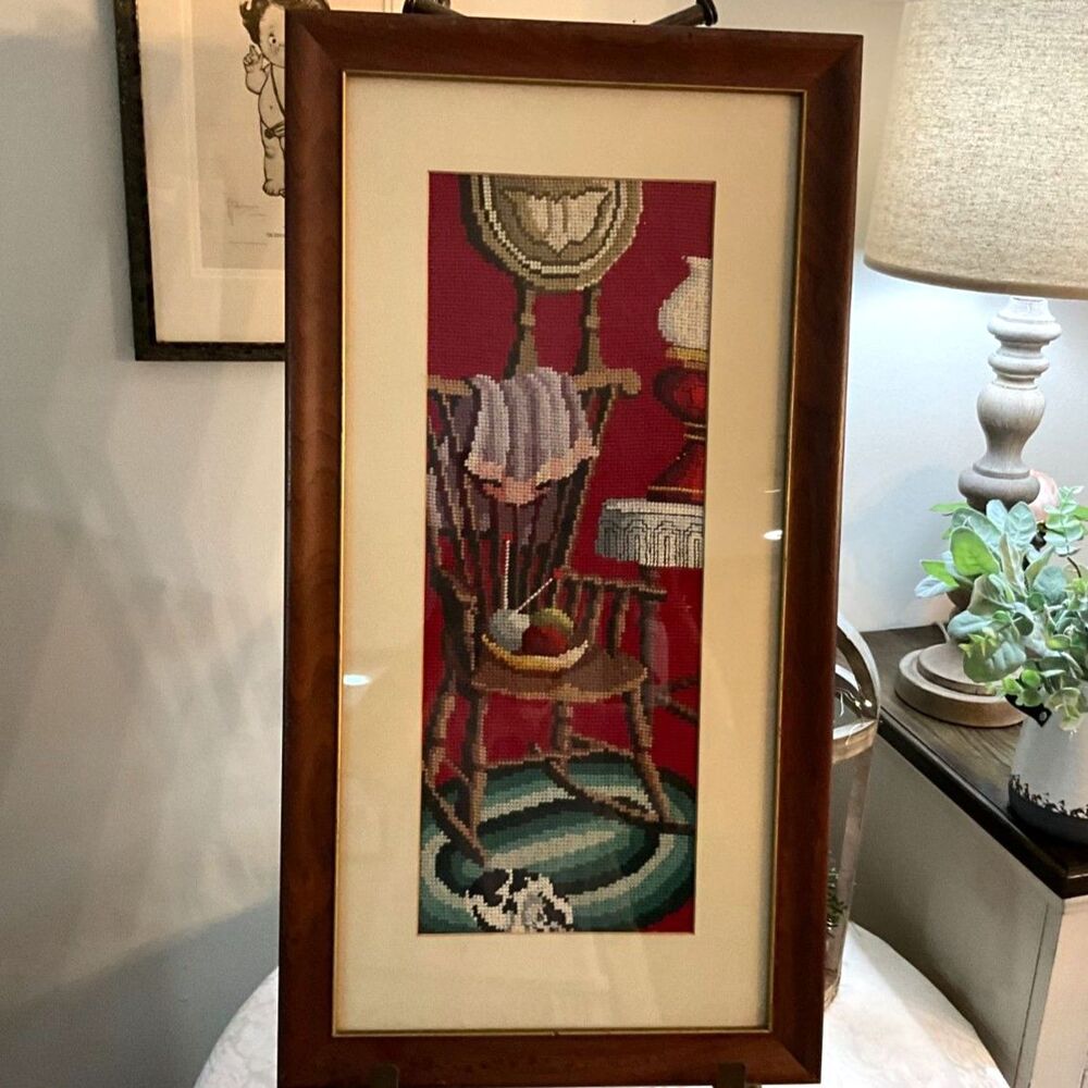 Absolute best!  Grandmacore framed vintage needlepoint rocking chair, knitting